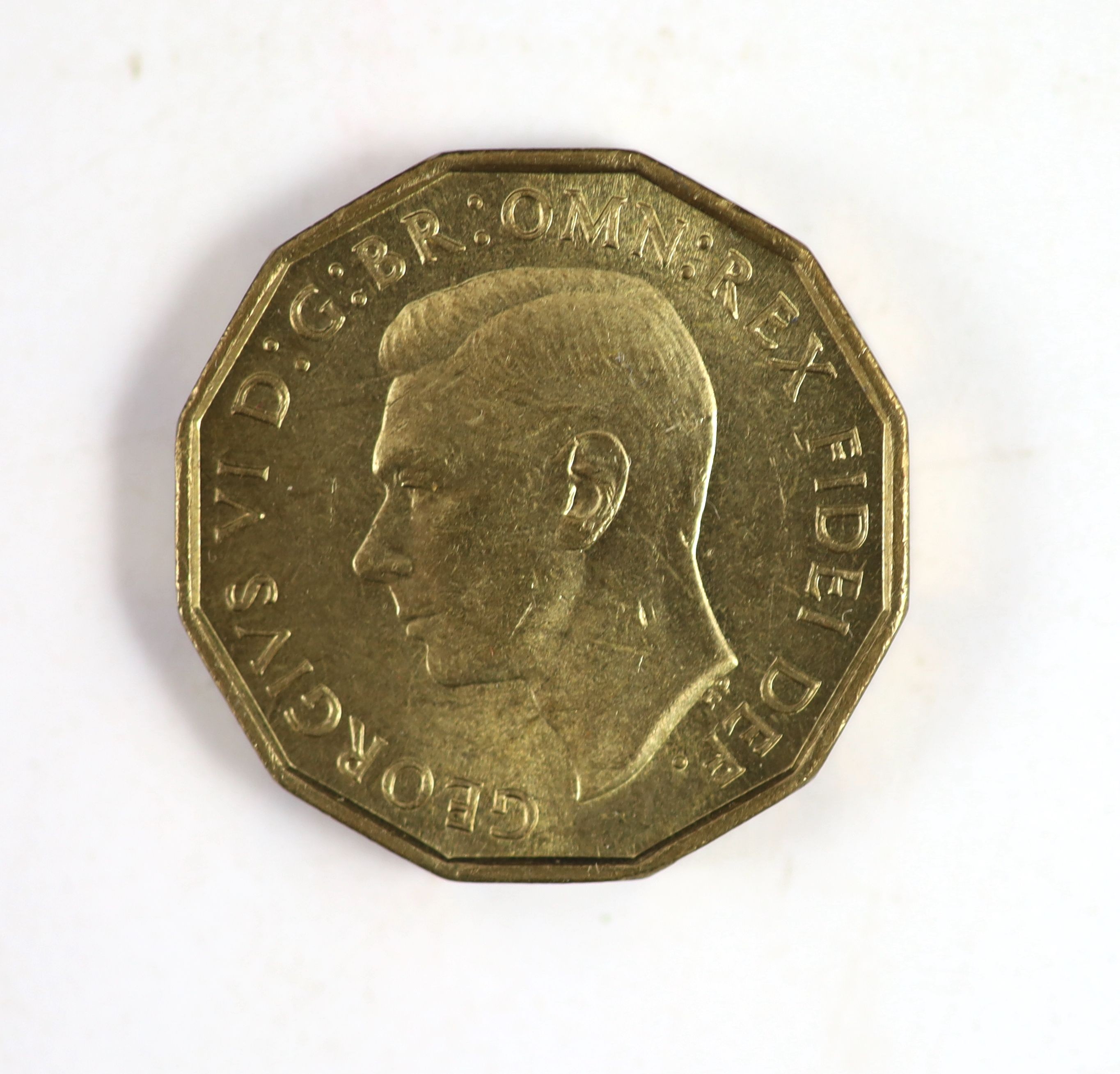George VI nine coin specimen set for 1949, second issue, including the rare 1949 brass threepence (S4113), EF, rare in this grade or higher